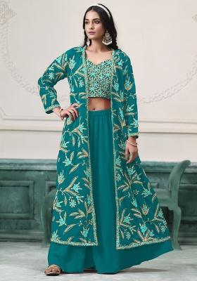 Turquoise Blue Embroidered Georgette Sharara Set