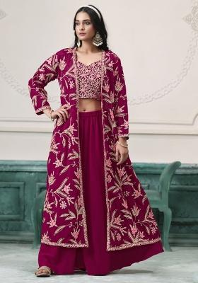 Wine Embroidered Georgette Sharara Set
