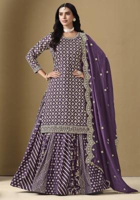 Purple Embroidered Art Silk Lehenga Set With Dupatta