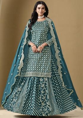 Turquoise Blue Embroidered Art Silk Lehenga Set With Dupatta