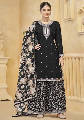 Black Embroidered Silk Palazzo Set With Dupatta