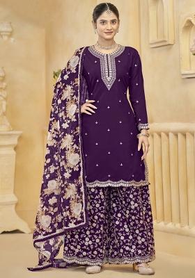 Violet Embroidered Silk Palazzo Set With Dupatta
