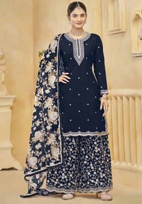 Navy Blue Embroidered Silk Palazzo Set With Dupatta