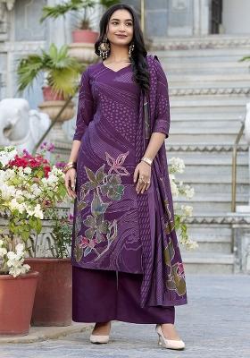 Wine Floral Print Silk Palazzo Set With Dupatta