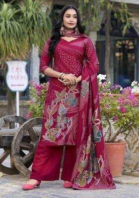 Maroon Floral Print Silk Palazzo Set With Dupatta