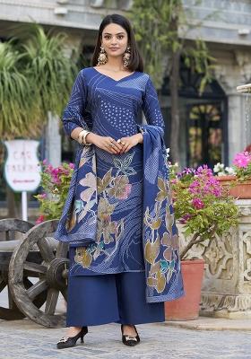 Navy Blue Floral Print Silk Palazzo Set With Dupatta