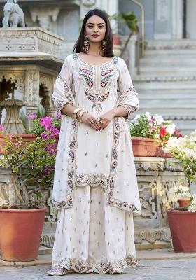 White Embroidered Vichitra Silk Palazzo Set With Dupatta