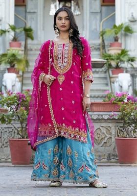 Pink Embroidered Net Palazzo Set With Dupatta