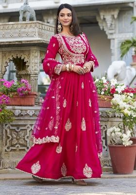 Pink Embroidered Vichitra Silk Anarkali Set With Dupatta