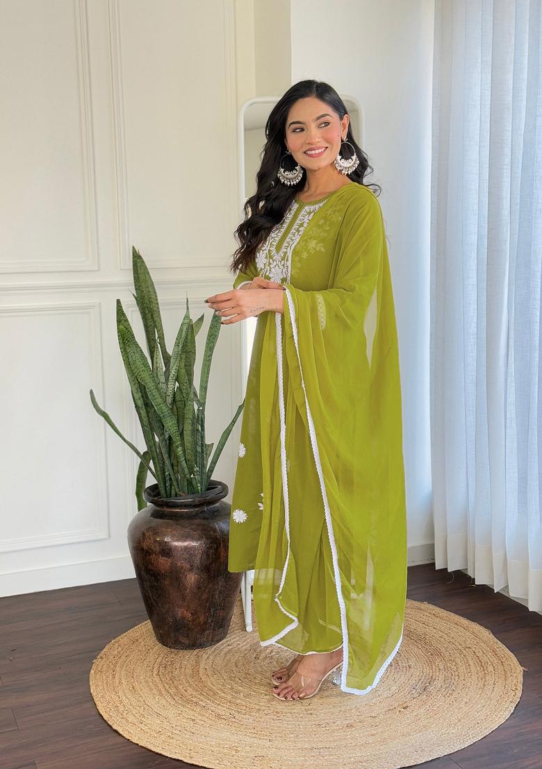 Liril Green Chikankari Cotton Salwar Kameez With Dupatta