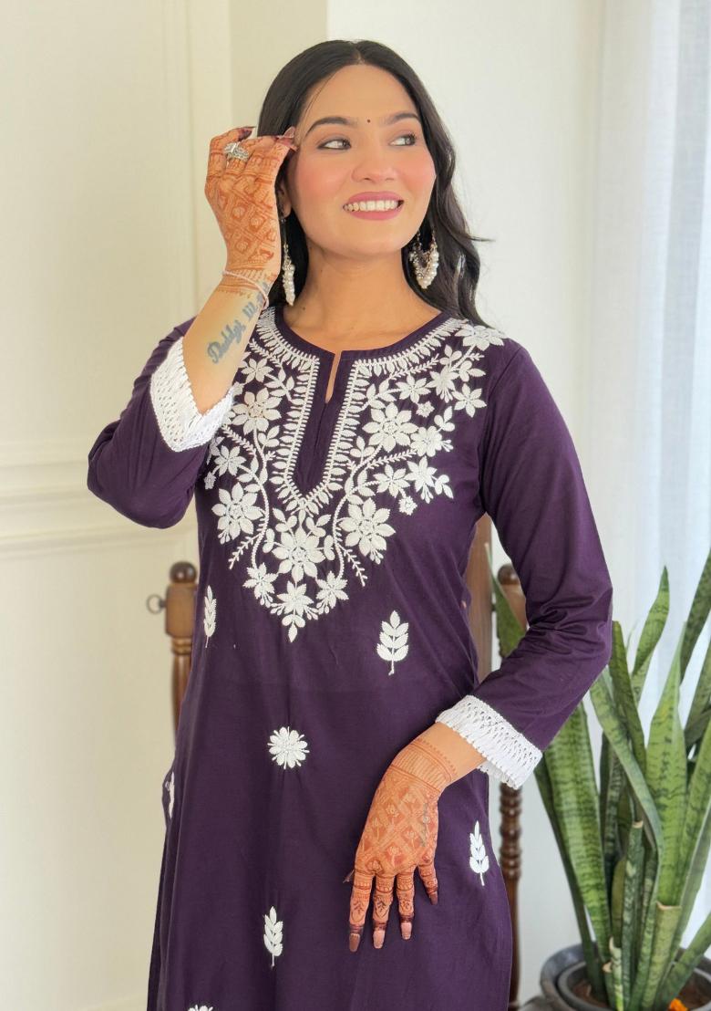 Violet Chikankari Cotton Salwar Kameez With Dupatta