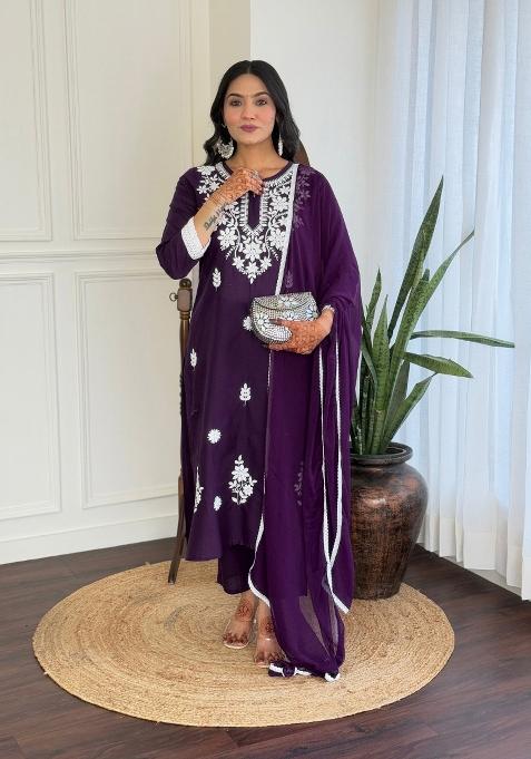 Violet Chikankari Cotton Salwar Kameez With Dupatta