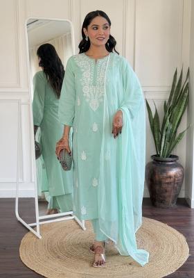 Turquoise Blue Chikankari Cotton Salwar Kameez With Dupatta