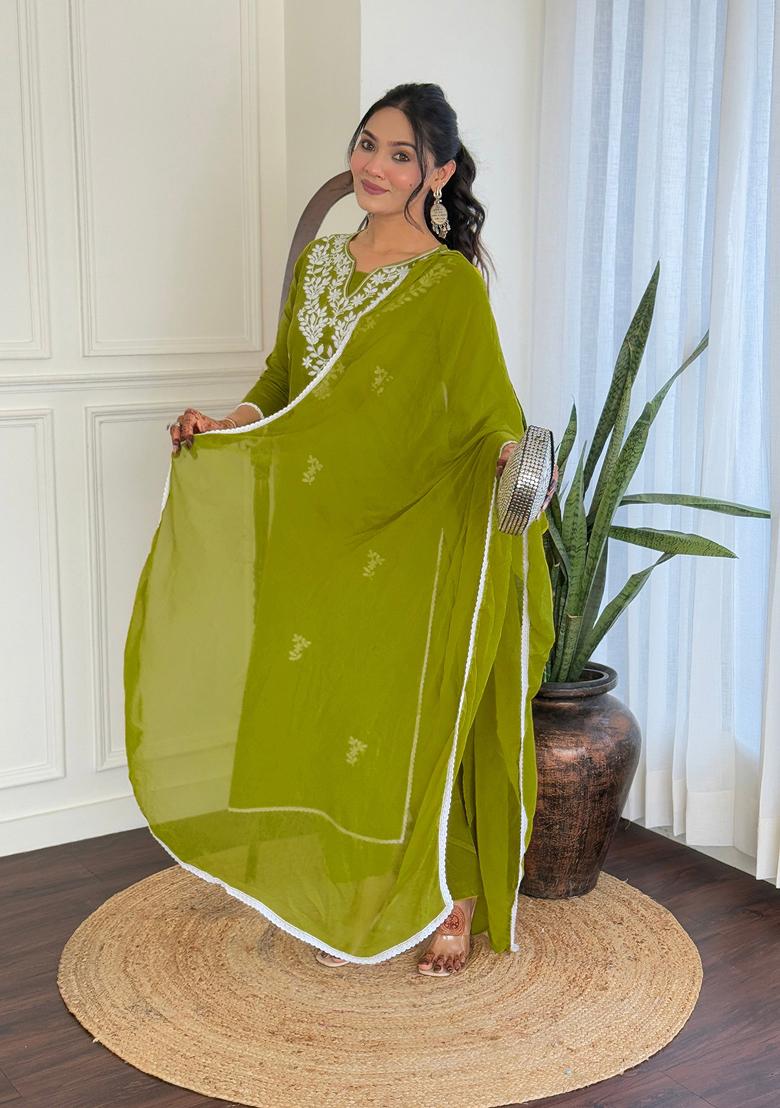 Liril Green Chikankari Cotton Salwar Kameez With Dupatta