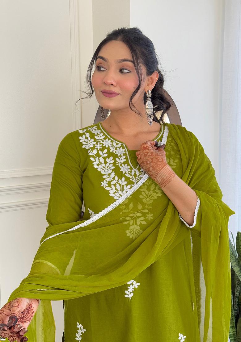 Liril Green Chikankari Cotton Salwar Kameez With Dupatta