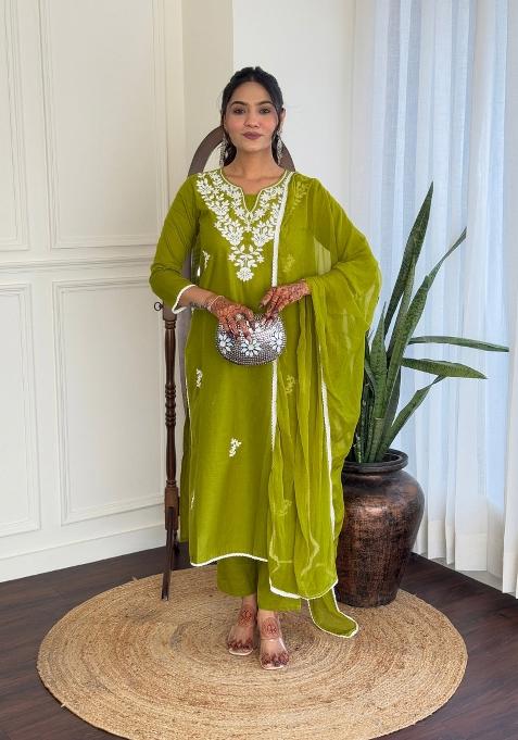 Liril Green Chikankari Cotton Salwar Kameez With Dupatta