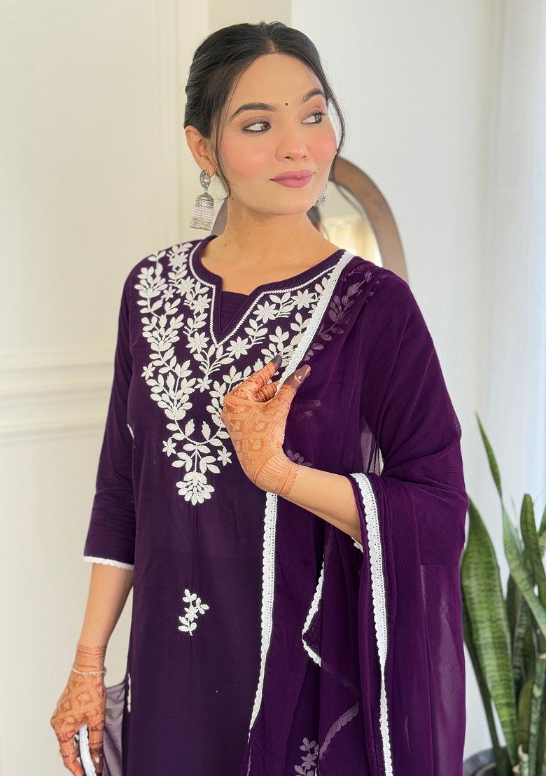 Violet Chikankari Cotton Salwar Kameez With Dupatta