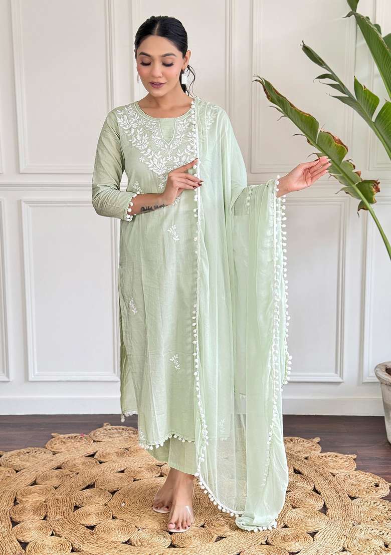 Pista Green Chikankari Cotton Straight Kurta Set - Indya