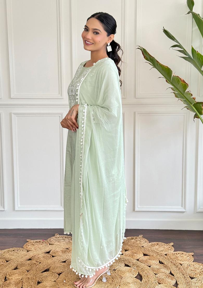 Pista Green Chikankari Cotton Salwar Kameez With Dupatta