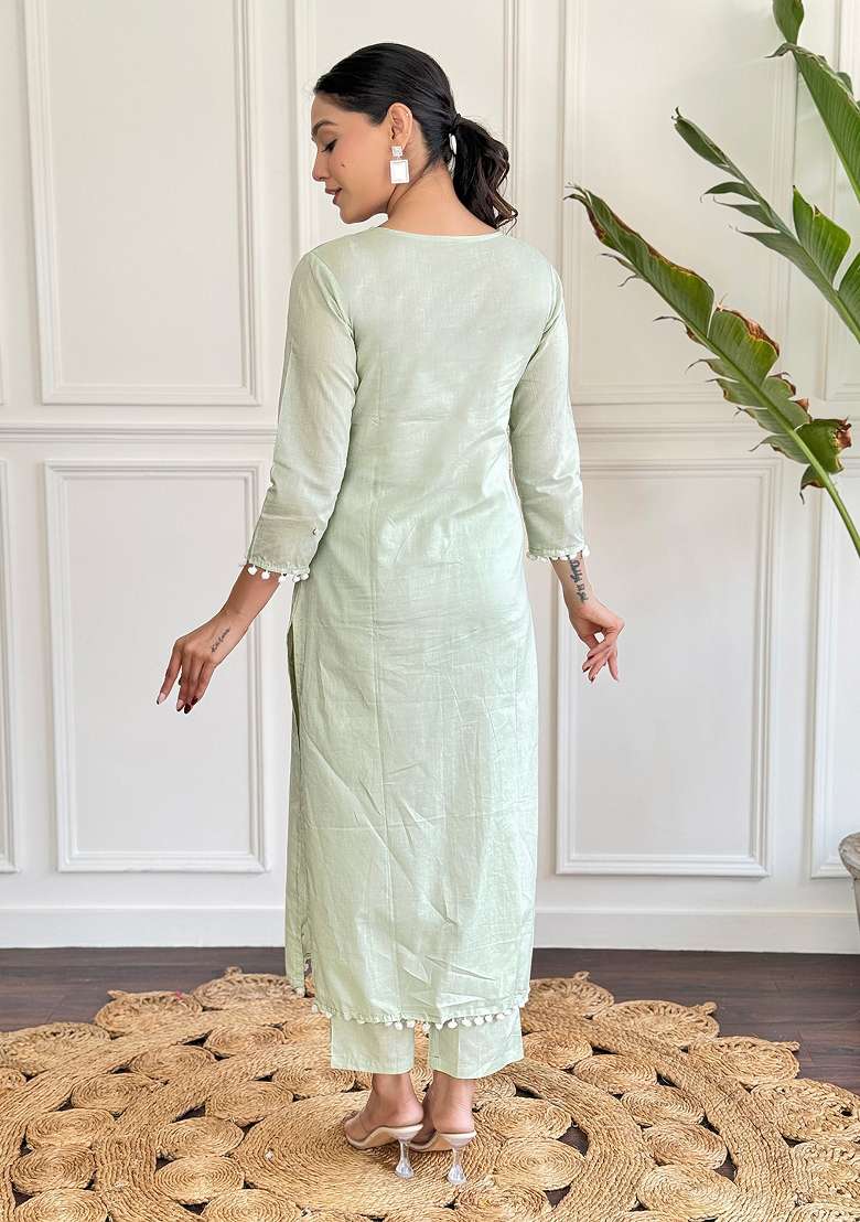 Pista Green Chikankari Cotton Straight Kurta Set - Indya