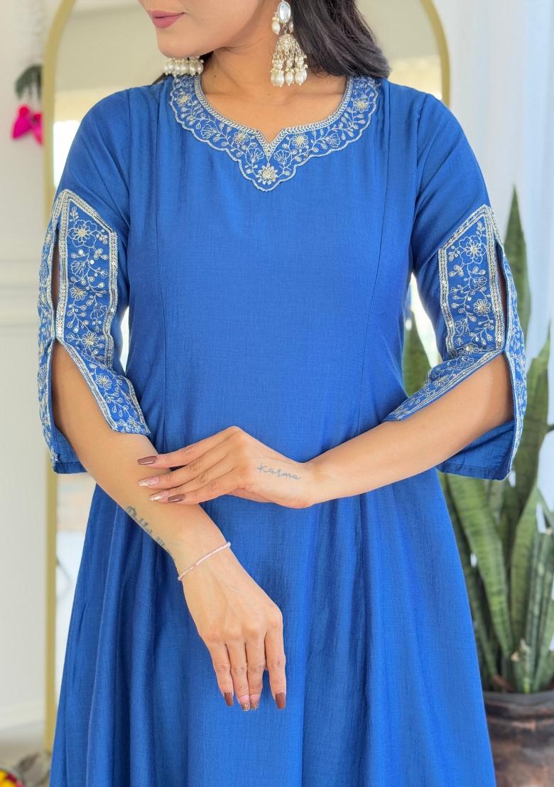Blue Embroidererd Viscose Silk Salwar Kameez With Dupatta