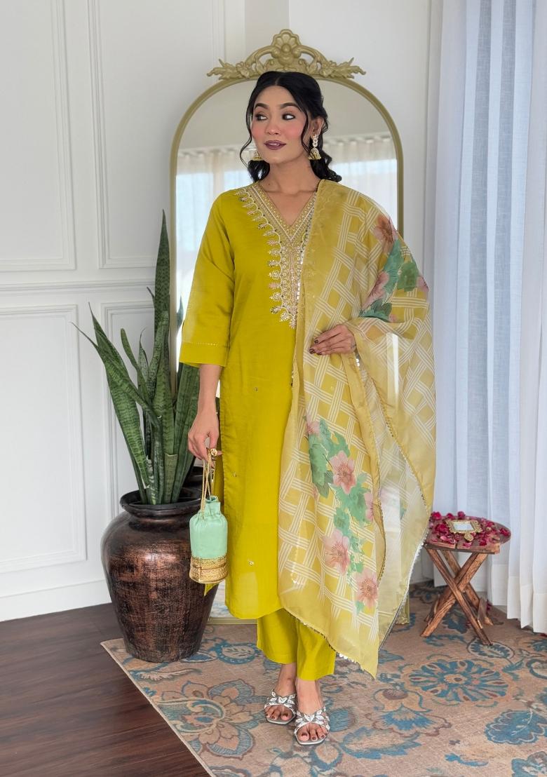 Yellow Embroidererd Viscose Salwar Kameez With Dupatta