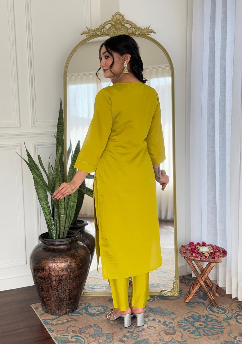 Yellow Embroidererd Viscose Salwar Kameez With Dupatta
