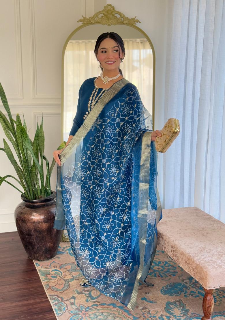 Petrol Blue Embroidererd Rayon Salwar Kameez With Dupatta