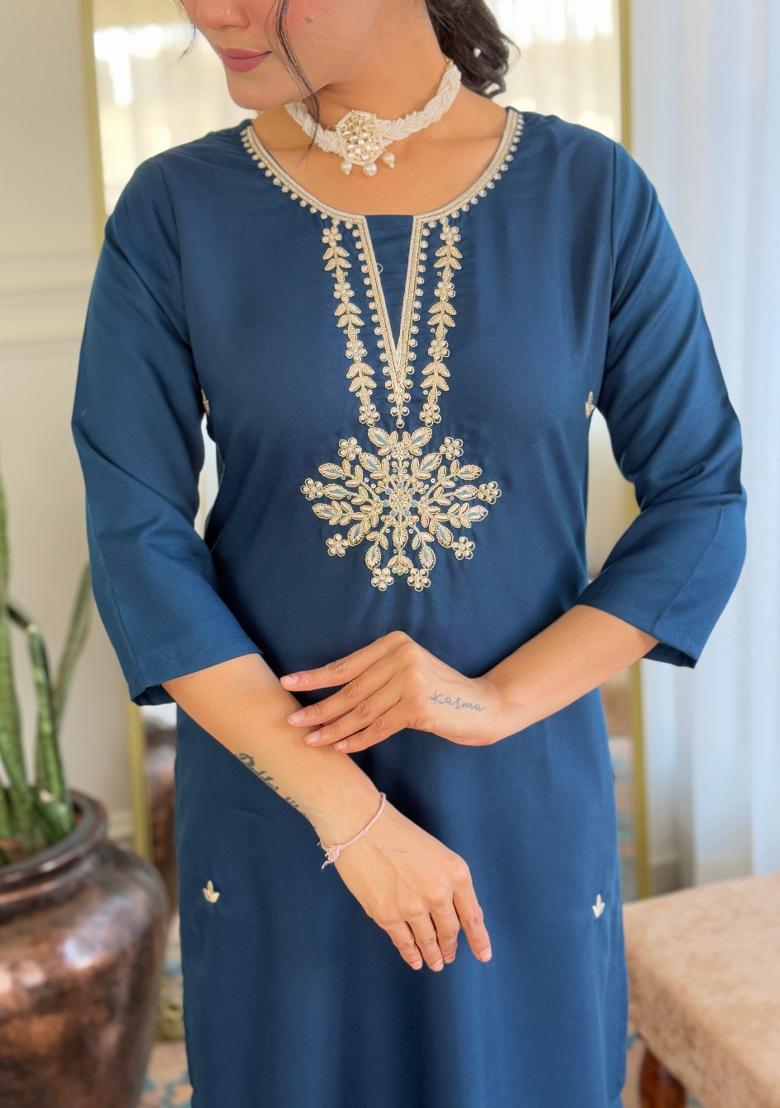 Petrol Blue Embroidererd Rayon Salwar Kameez With Dupatta