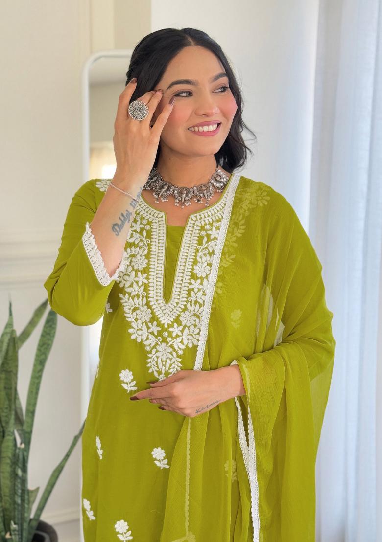 Liril Green Chikankari Cotton Salwar Kameez With Dupatta