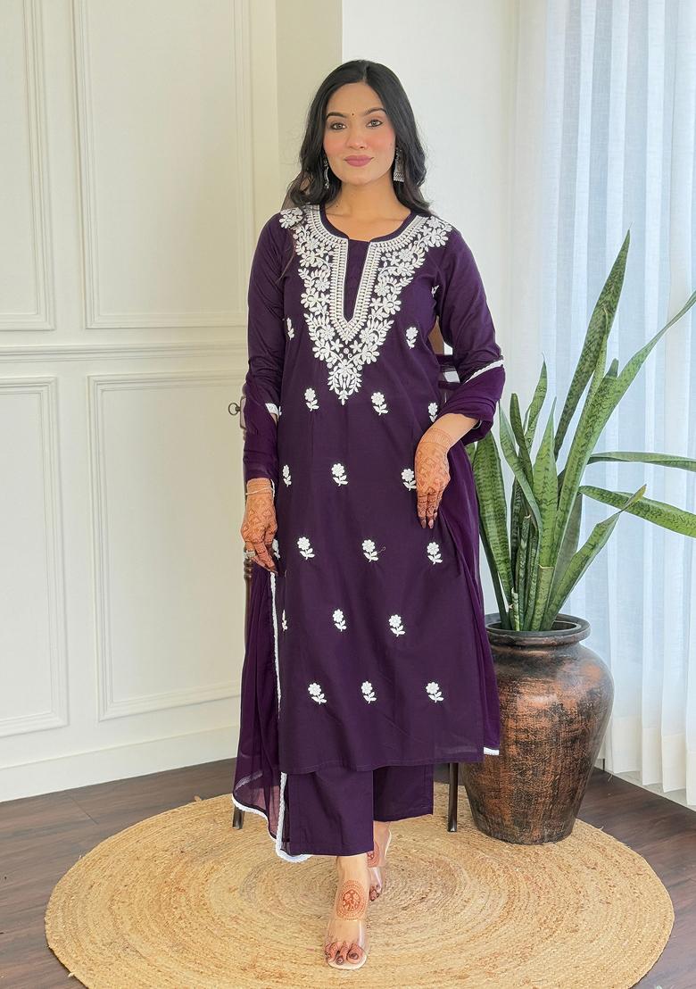 Violet Chikankari Cotton Salwar Kameez With Dupatta