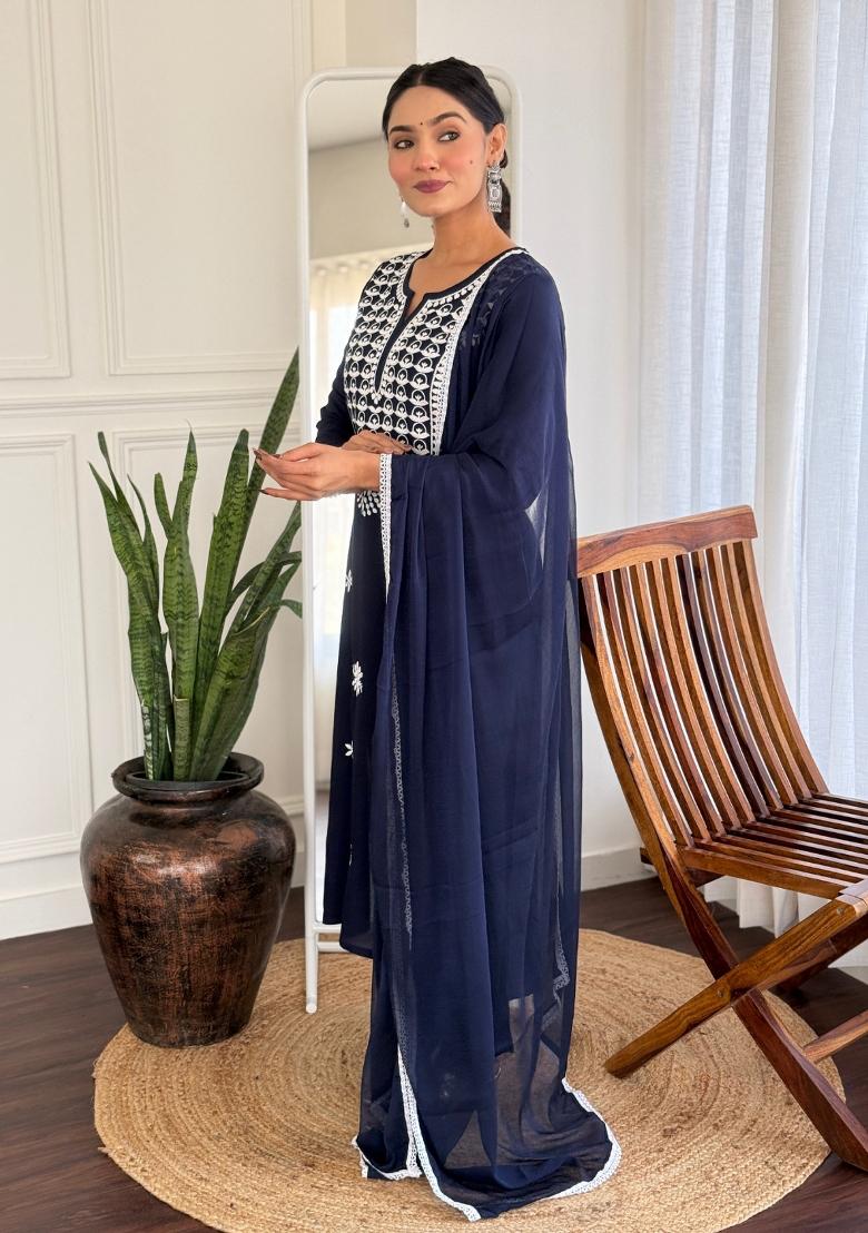 Navy Blue Thread Work Rayon Salwar Kameez With Dupatta