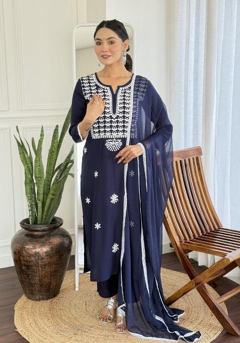 Navy Blue Thread Work Rayon Salwar Kameez With Dupatta