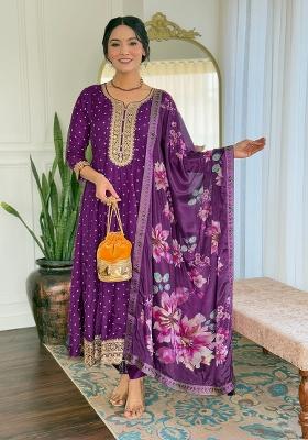 Purple Embroidererd Vichitra Silk Salwar Kameez With Dupatta