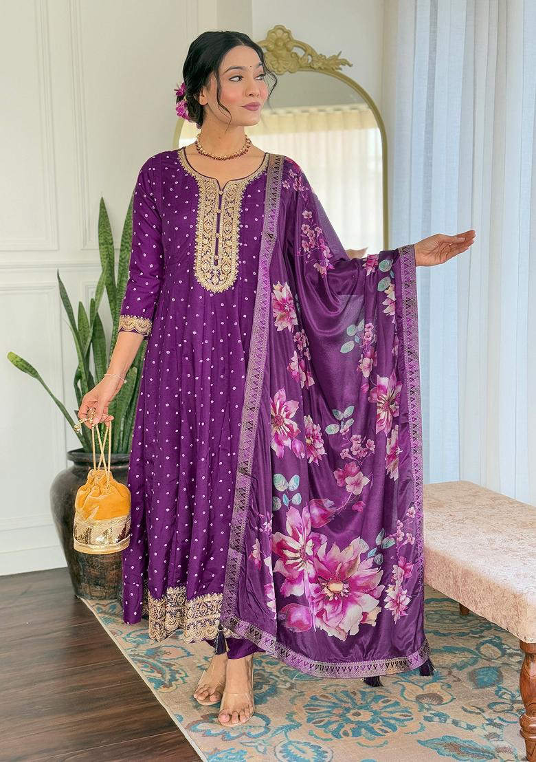 Purple Embroidererd Vichitra Silk Salwar Kameez With Dupatta