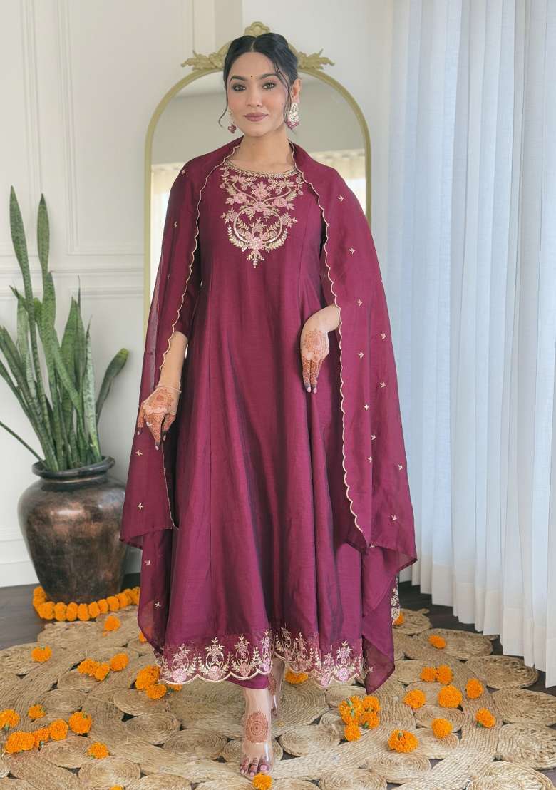Wine Embroidered Vichitra Anarkali - Indya