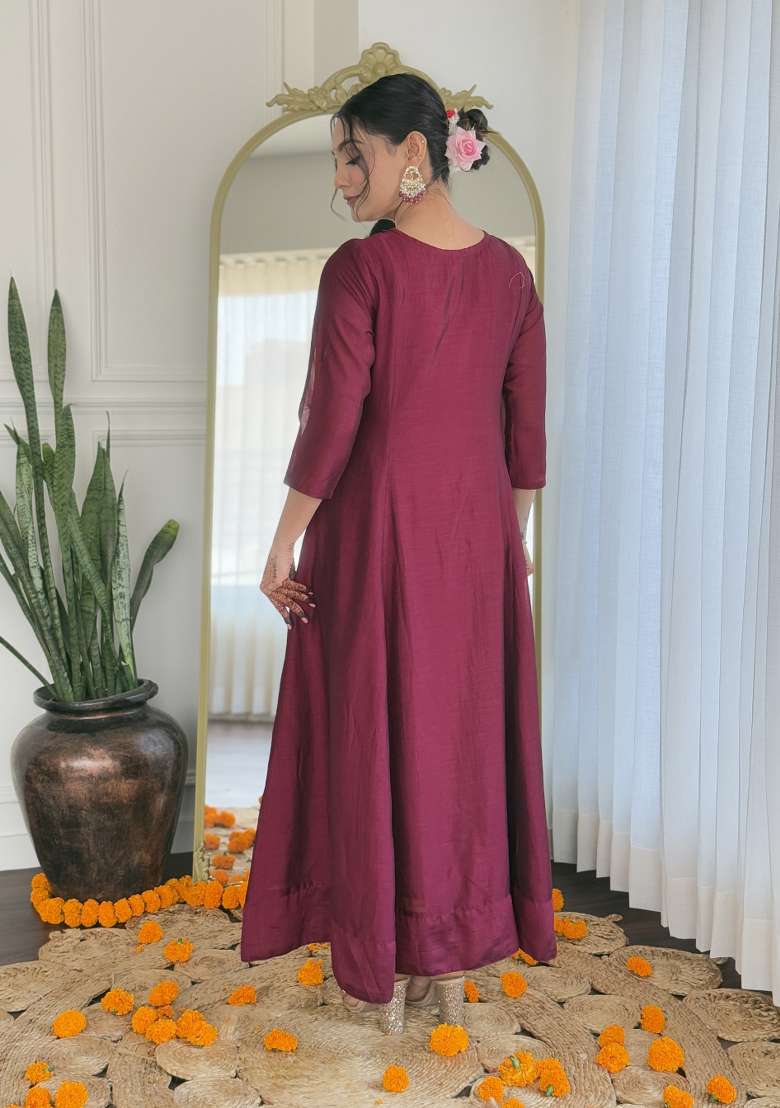 Wine Embroidered Vichitra Anarkali - Indya
