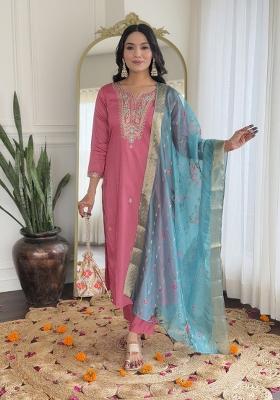 Gajri Pink Embroidererd Viscose Silk Salwar Kameez With Dupatta