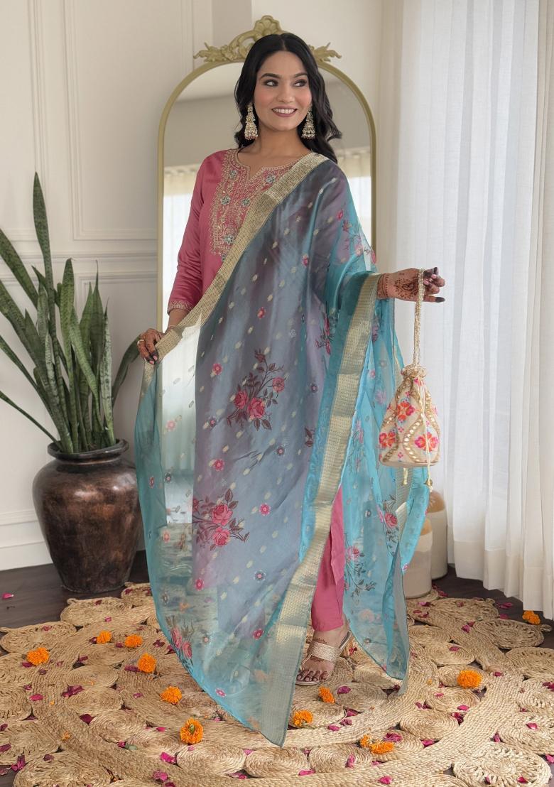 Gajri Pink Embroidererd Viscose Silk Salwar Kameez With Dupatta