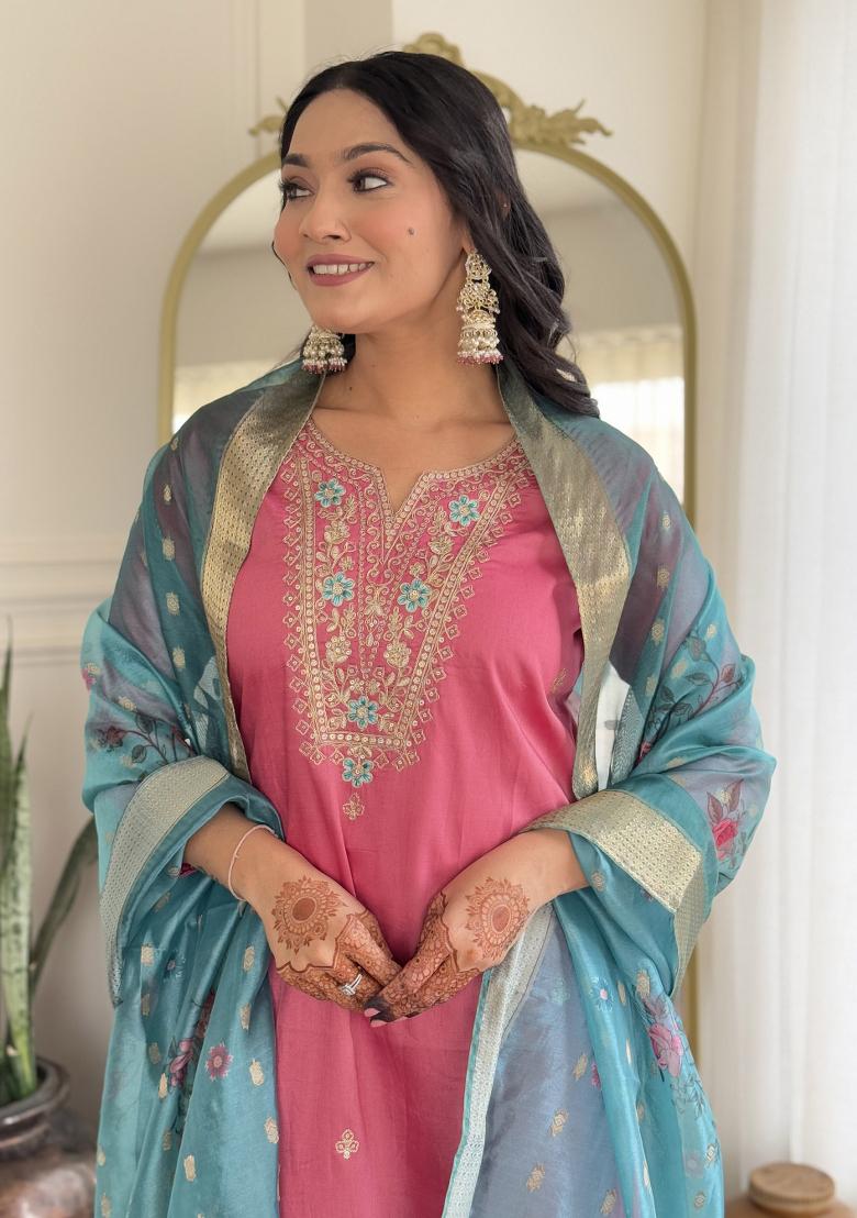 Gajri Pink Embroidererd Viscose Silk Salwar Kameez With Dupatta