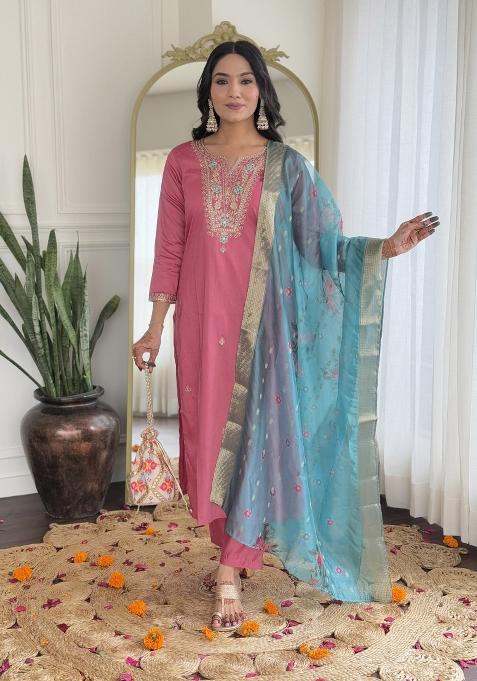 Gajri Pink Embroidererd Viscose Silk Salwar Kameez With Dupatta