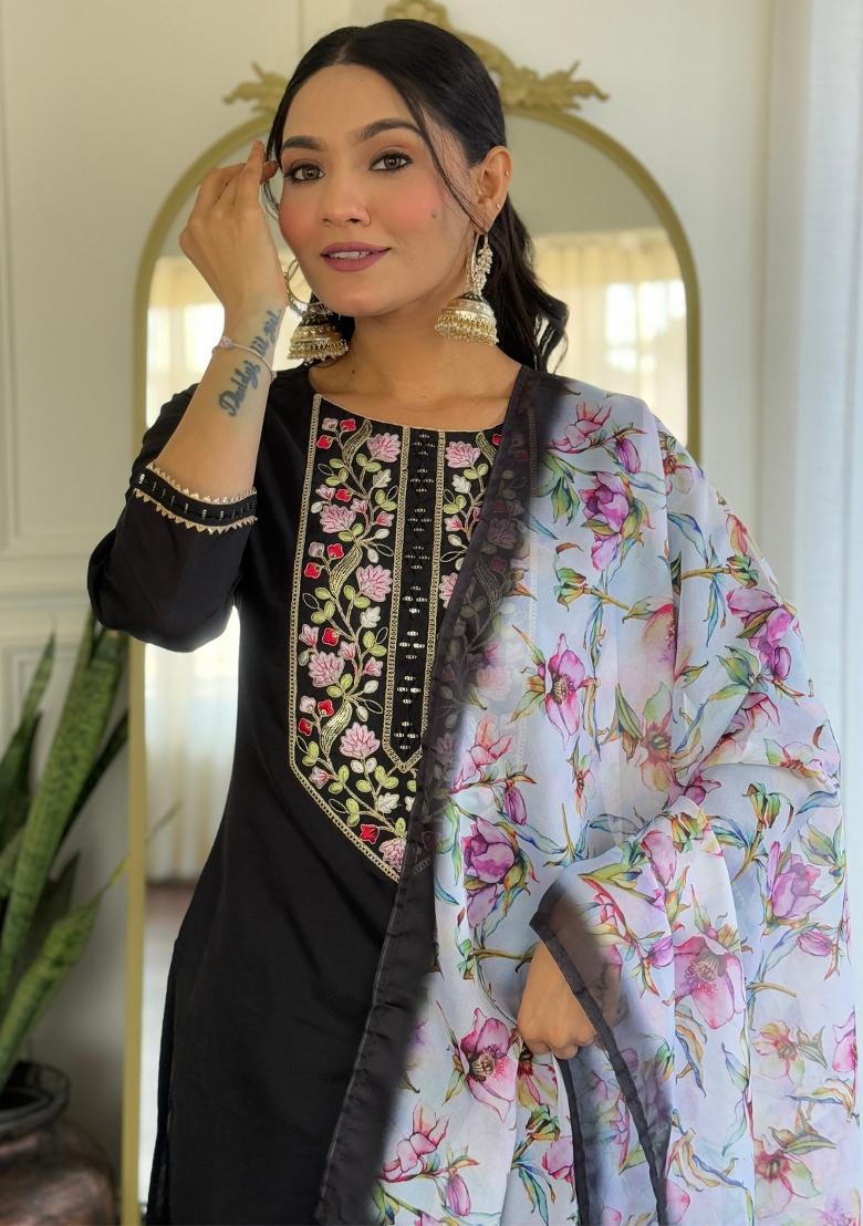 Black Embroidererd Rayon Salwar Kameez With Dupatta