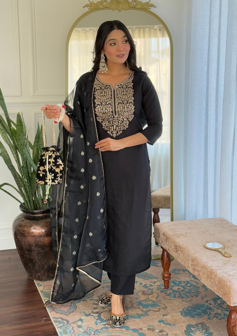 Black Embroidererd Viscose Salwar Kameez With Dupatta