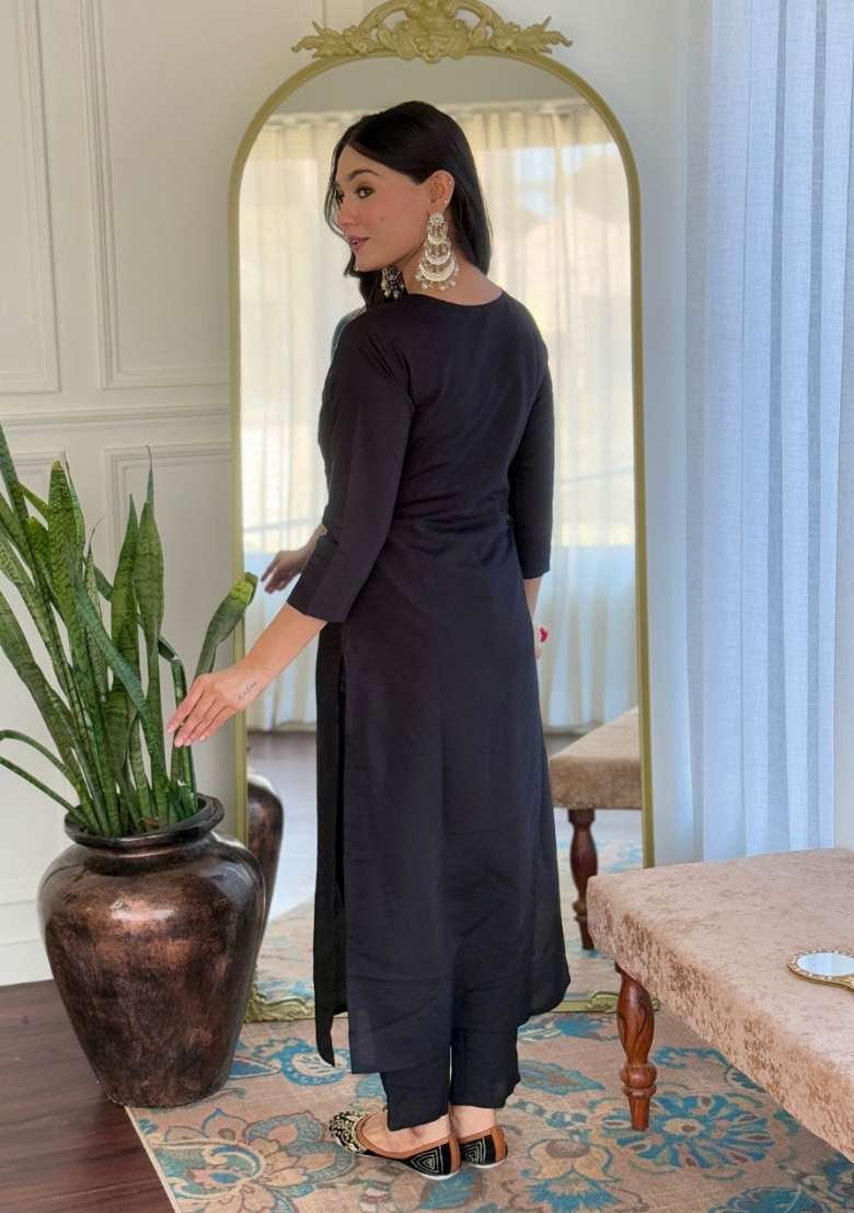 Black Embroidered Viscose Straight Kurta Set - Indya