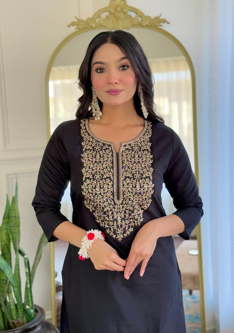 Black Embroidererd Viscose Salwar Kameez With Dupatta