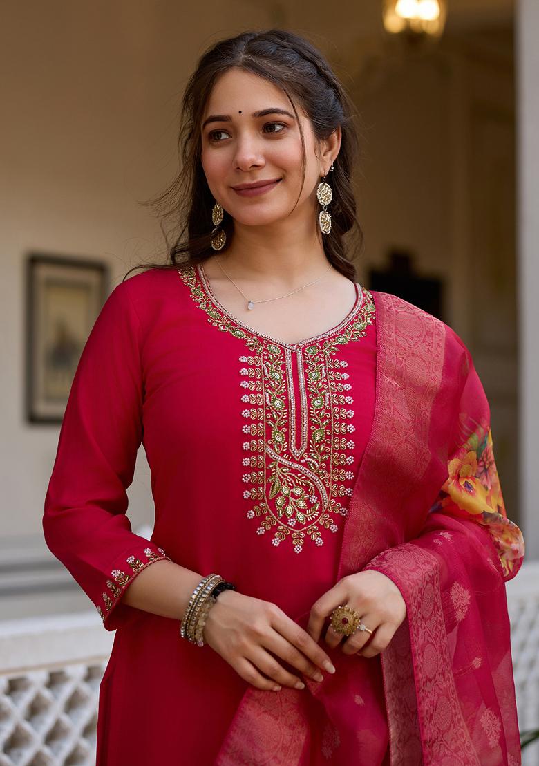 Red Embroidererd Viscose Chanderi Salwar Kameez With Dupatta