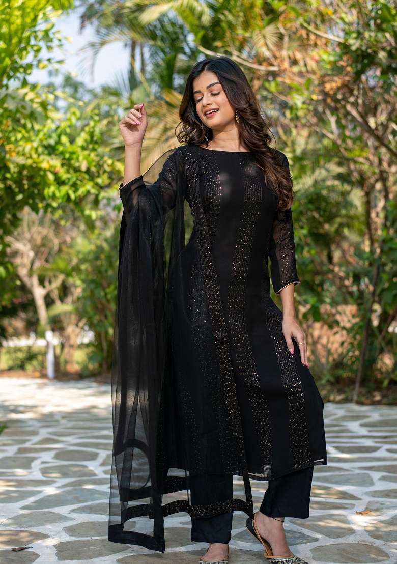 Black Sequin Work Georgette Straight Kurta Set - Indya