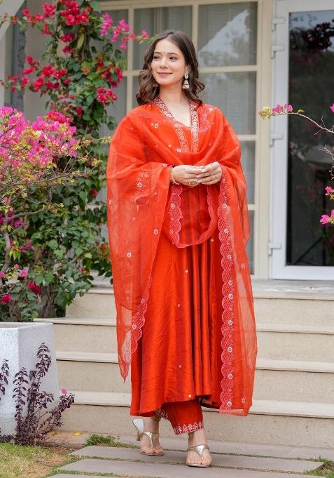 Orange Embroidererd Viscose Chanderi Salwar Kameez With Dupatta