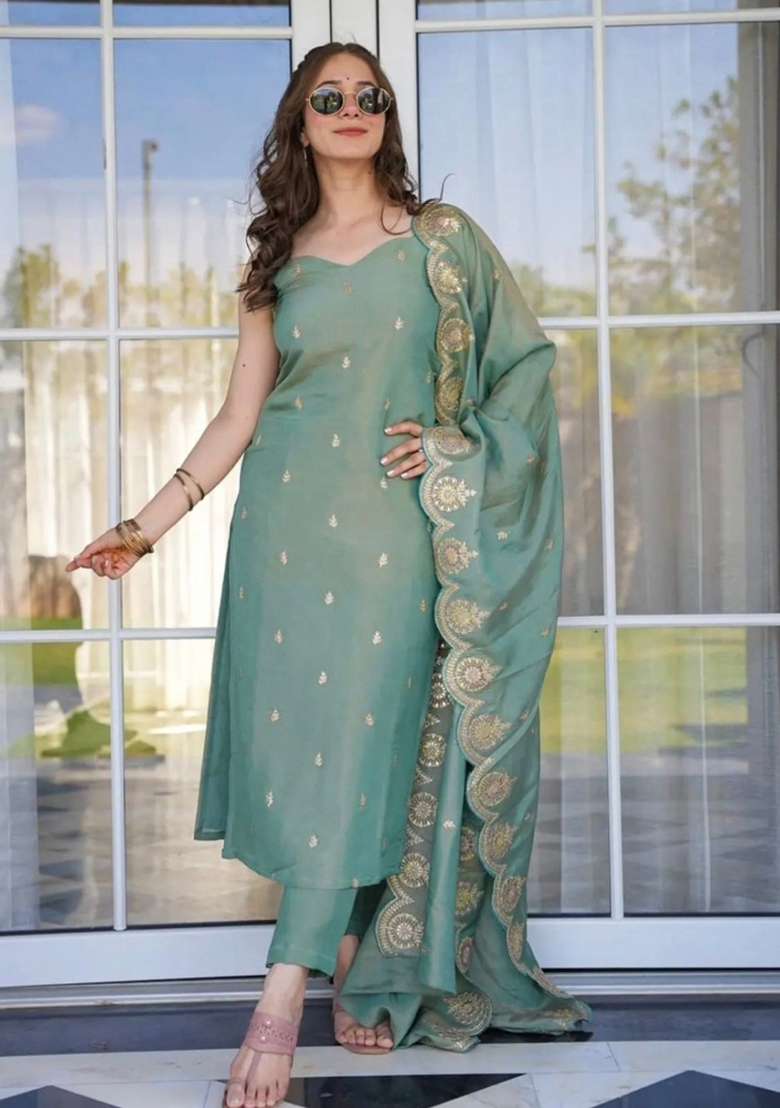 Pista Green Embroidered Viscose Straight Kurta Set - Indya