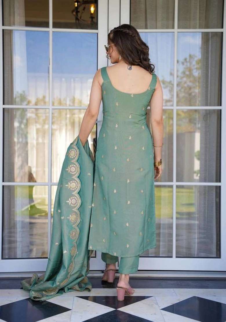 Pista Green Embroidered Viscose Straight Kurta Set - Indya